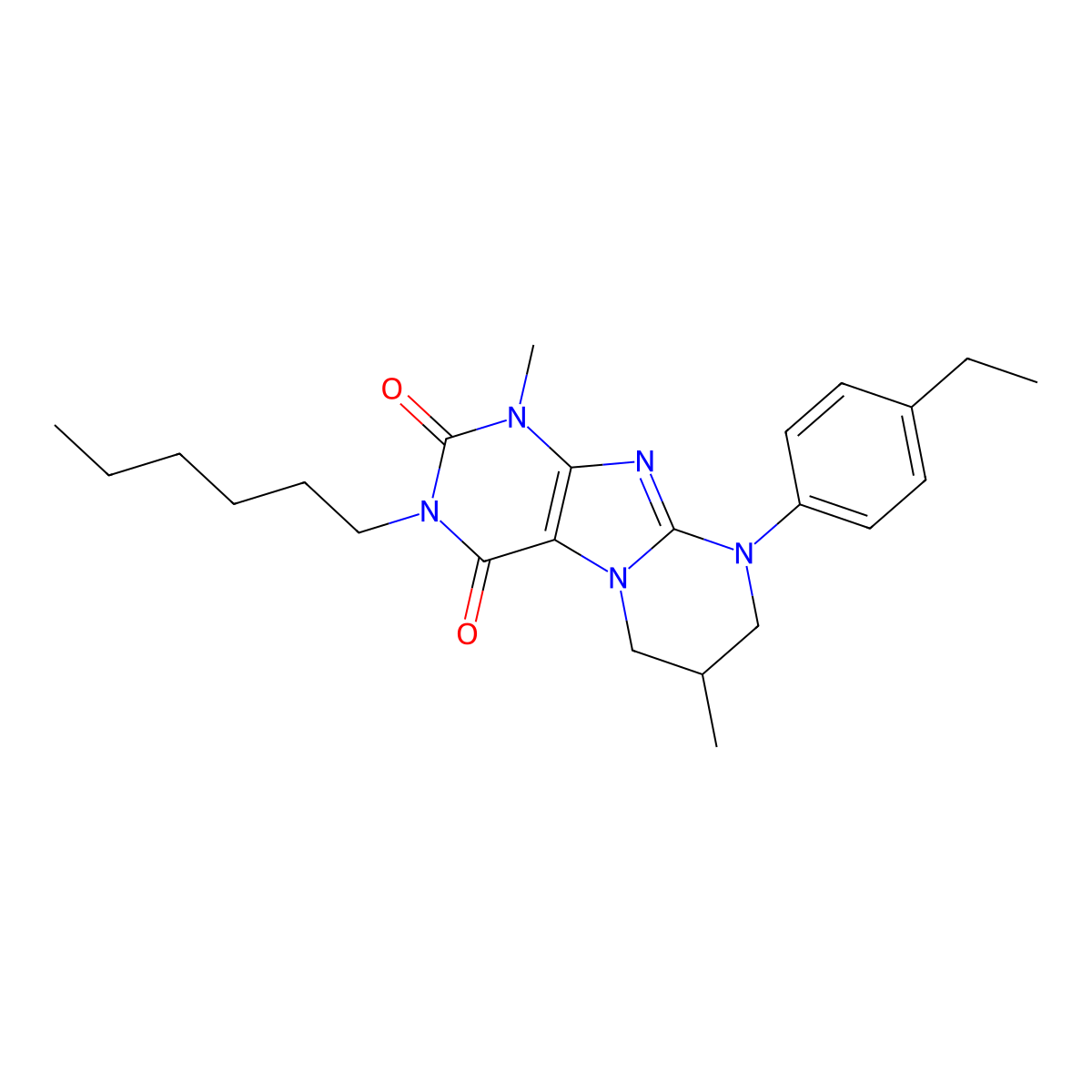 9-(4-ethylphenyl)-3-hexyl-1,7-dimethyl-6,7,8,9-tetrahydropyrimido[2,1-f]purine-2,4(1H,3H)-dione molecular structure, CAS 848755-69-1