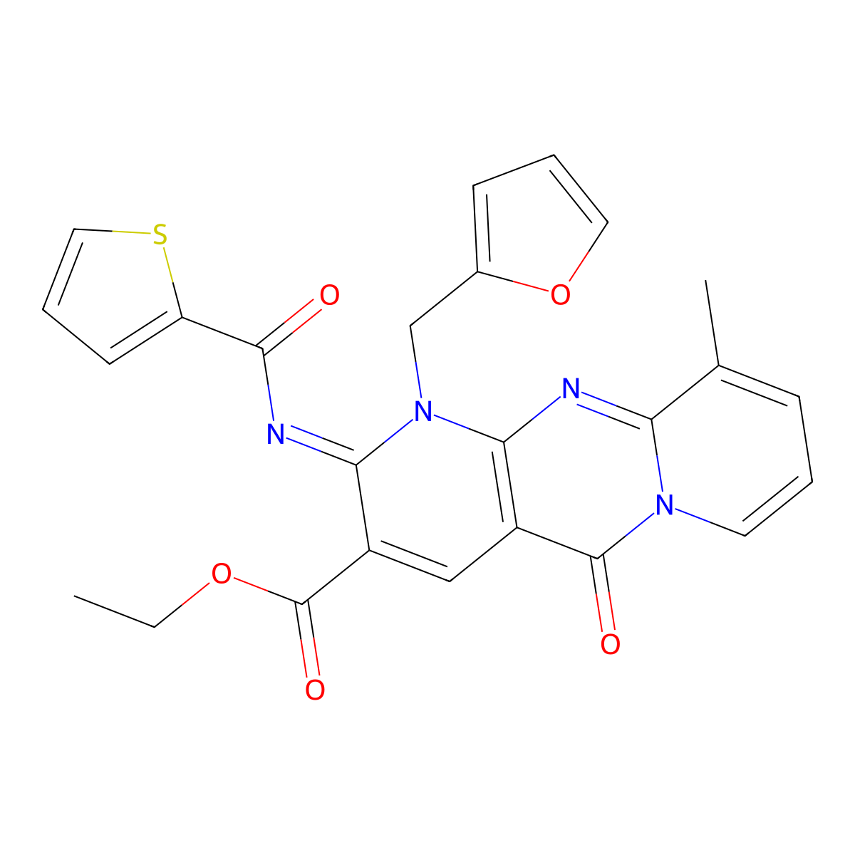 ethyl 1-(2-furylmethyl)-10-methyl-5-oxo-2-[(2-thienylcarbonyl)imino]-1,5-dihydro-2H-dipyrido[1,2-a:2,3-d]pyrimidine-3-carboxylate molecular structure, CAS 848755-76-0