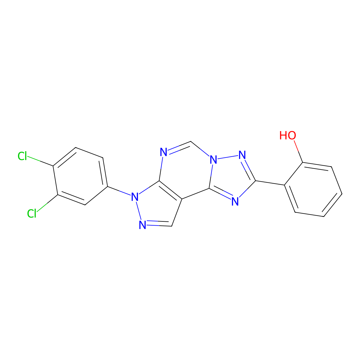 2-[3-(3,4-Dichlorophenyl)-6-hydropyrazolo[5,4-d]1,2,4-triazolo[1,5-e]pyrimidin-8-yl]phenol molecular structure, CAS 848756-06-9