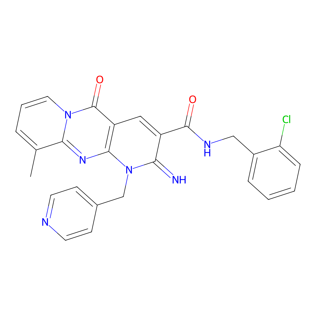 N-[(2-chlorophenyl)methyl]-6-imino-11-methyl-2-oxo-7-[(pyridin-4-yl)methyl]-1,7,9-triazatricyclo[8.4.0.0^{3,8}]tetradeca-3(8),4,9,11,13-pentaene-5-carboxamide molecular structure, CAS 848756-11-6
