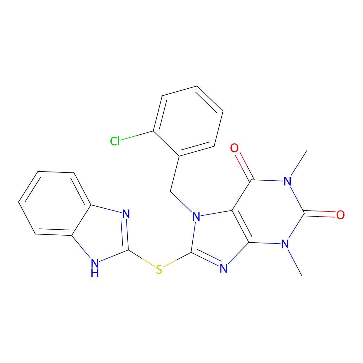 8-(1H-benzimidazol-2-ylsulfanyl)-7-[(2-chlorophenyl)methyl]-1,3-dimethylpurine-2,6-dione molecular structure, CAS 848756-18-3