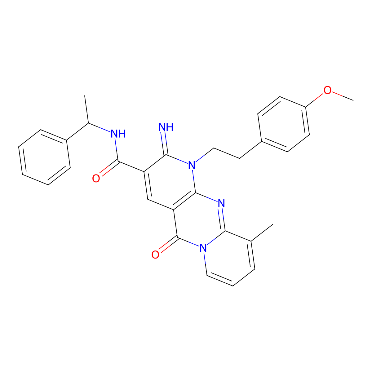 2-imino-1-[2-(4-methoxyphenyl)ethyl]-10-methyl-5-oxo-N-(1-phenylethyl)-1,5-dihydro-2H-dipyrido[1,2-a:2',3'-d]pyrimidine-3-carboxamide molecular structure, CAS 848763-73-5