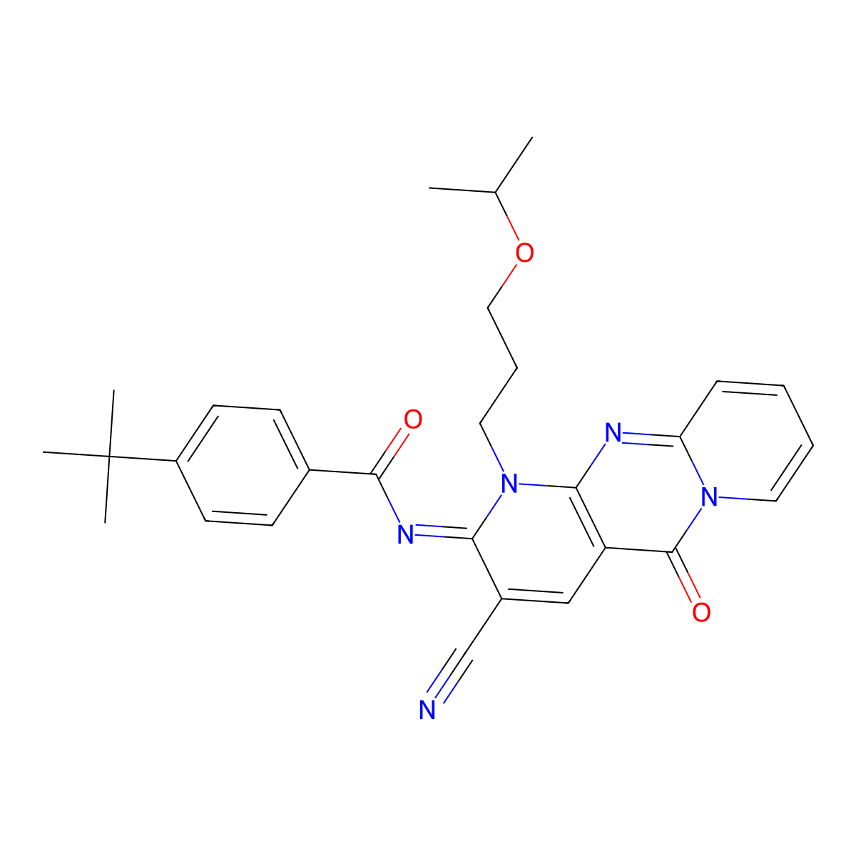 (E)-4-(tert-butyl)-N-(3-cyano-1-(3-isopropoxypropyl)-5-oxo-1H-dipyrido[1,2-a:2',3'-d]pyrimidin-2(5H)-ylidene)benzamide molecular structure, CAS 848764-52-3