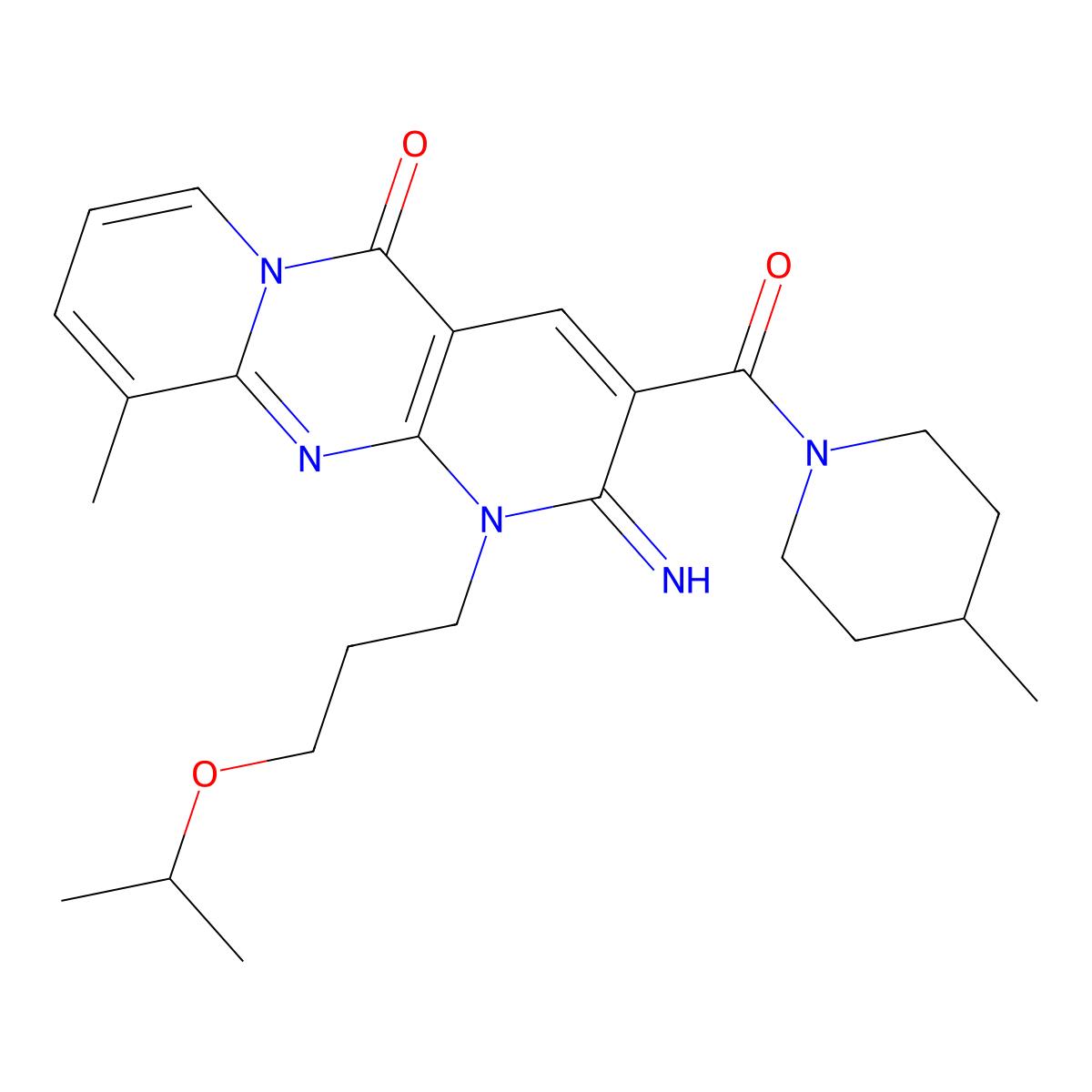 2-imino-1-(3-isopropoxypropyl)-10-methyl-3-[(4-methylpiperidino)carbonyl]-1,2-dihydro-5H-dipyrido[1,2-a:2,3-d]pyrimidin-5-one molecular structure, CAS 848765-50-4
