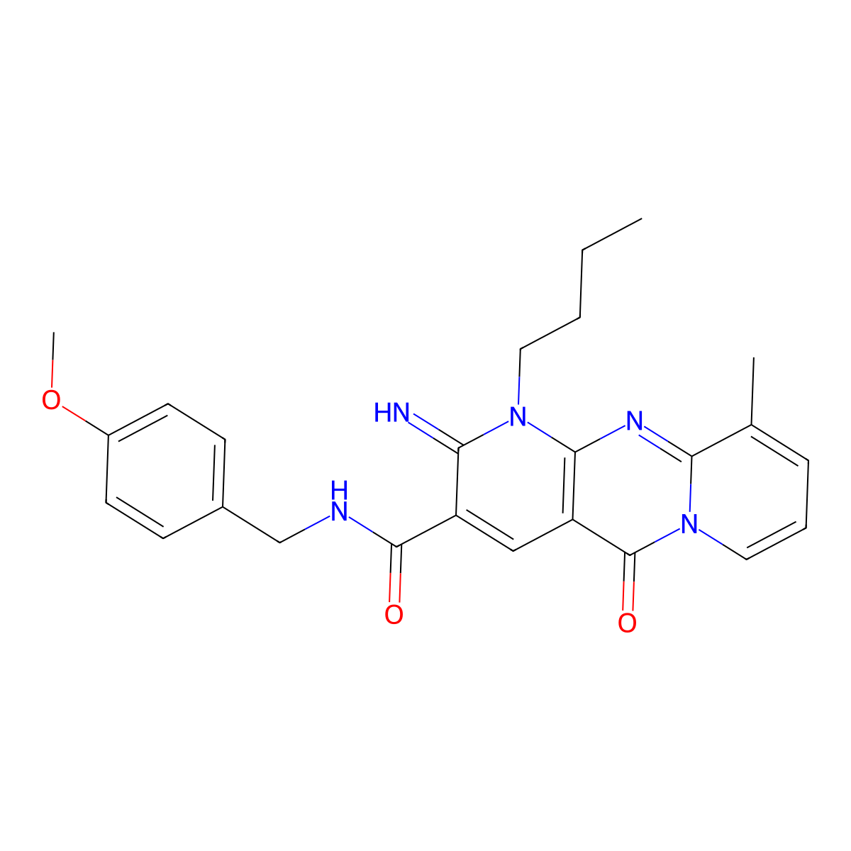 1-butyl-2-imino-N-(4-methoxybenzyl)-10-methyl-5-oxo-1,5-dihydro-2H-dipyrido[1,2-a:2,3-d]pyrimidine-3-carboxamide molecular structure, CAS 848766-50-7