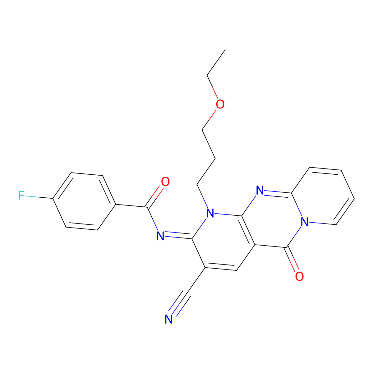 (E)-N-(3-cyano-1-(3-ethoxypropyl)-5-oxo-1H-dipyrido[1,2-a:2',3'-d]pyrimidin-2(5H)-ylidene)-4-fluorobenzamide molecular structure, CAS 848766-51-8