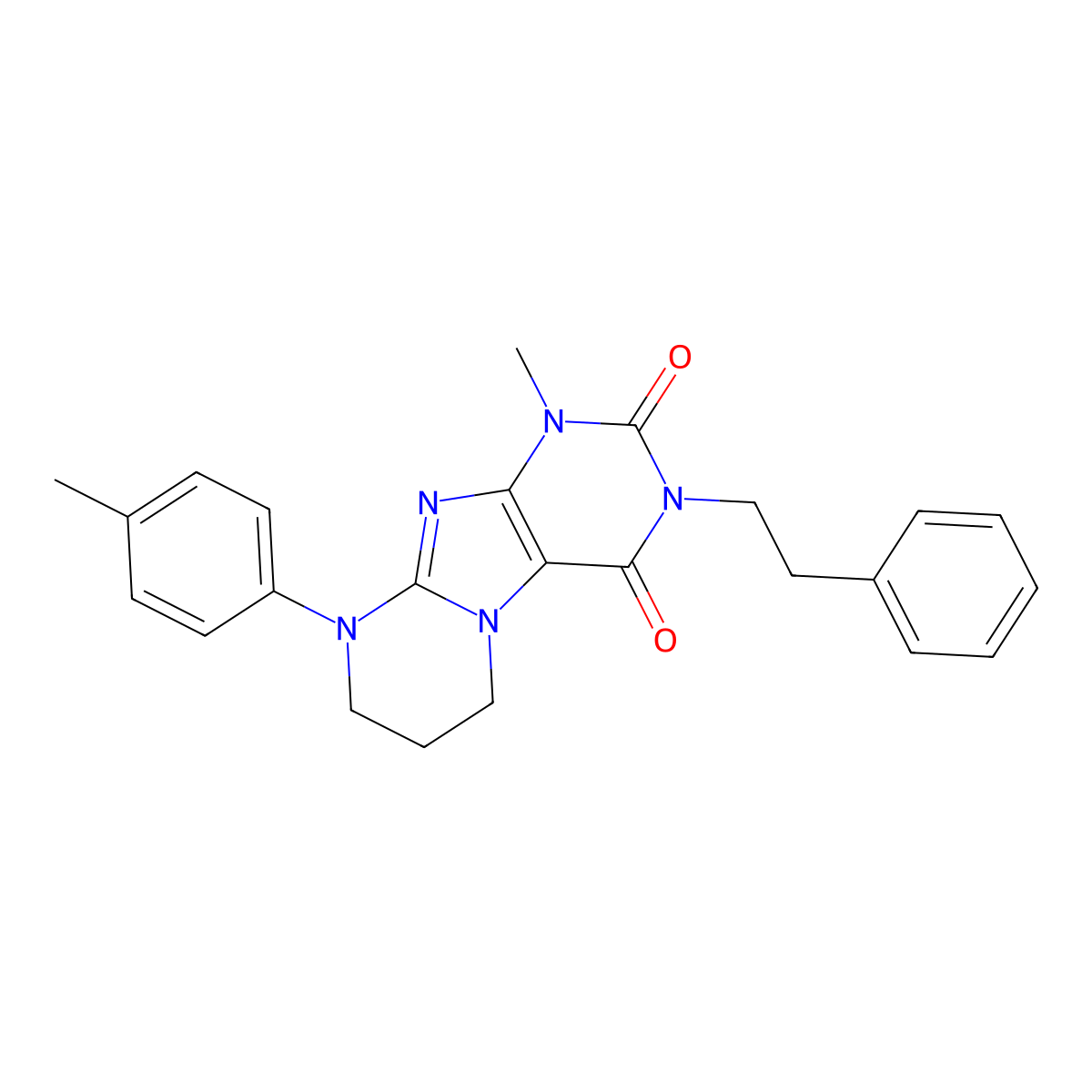 1-methyl-3-phenethyl-9-(p-tolyl)-6,7,8,9-tetrahydropyrimido[2,1-f]purine-2,4(1H,3H)-dione molecular structure, CAS 848766-86-9