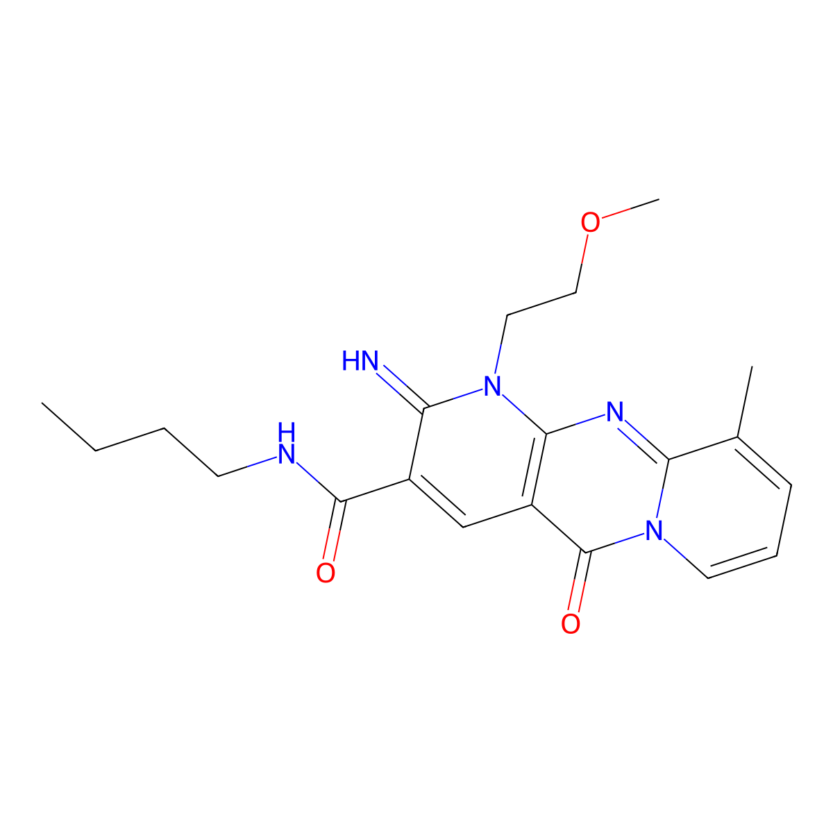 N-butyl-6-imino-7-(2-methoxyethyl)-11-methyl-2-oxo-1,7,9-triazatricyclo[8.4.0.0^{3,8}]tetradeca-3(8),4,9,11,13-pentaene-5-carboxamide molecular structure, CAS 848766-97-2