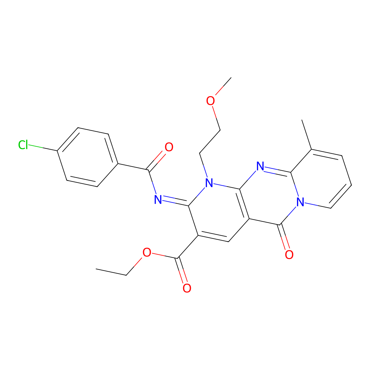 ethyl 2-[(4-chlorobenzoyl)imino]-1-(2-methoxyethyl)-10-methyl-5-oxo-1,5-dihydro-2H-dipyrido[1,2-a:2,3-d]pyrimidine-3-carboxylate molecular structure, CAS 848866-56-8
