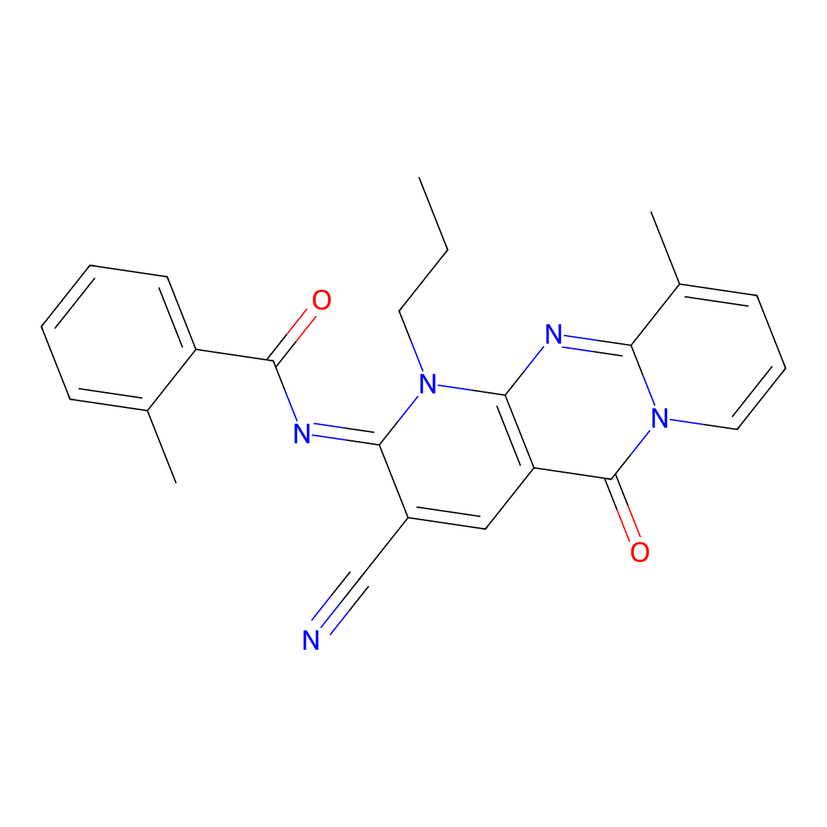 N-(3-cyano-10-methyl-5-oxo-1-propyl-1,5-dihydro-2H-dipyrido[1,2-a:2,3-d]pyrimidin-2-ylidene)-2-methylbenzamide molecular structure, CAS 848867-45-8