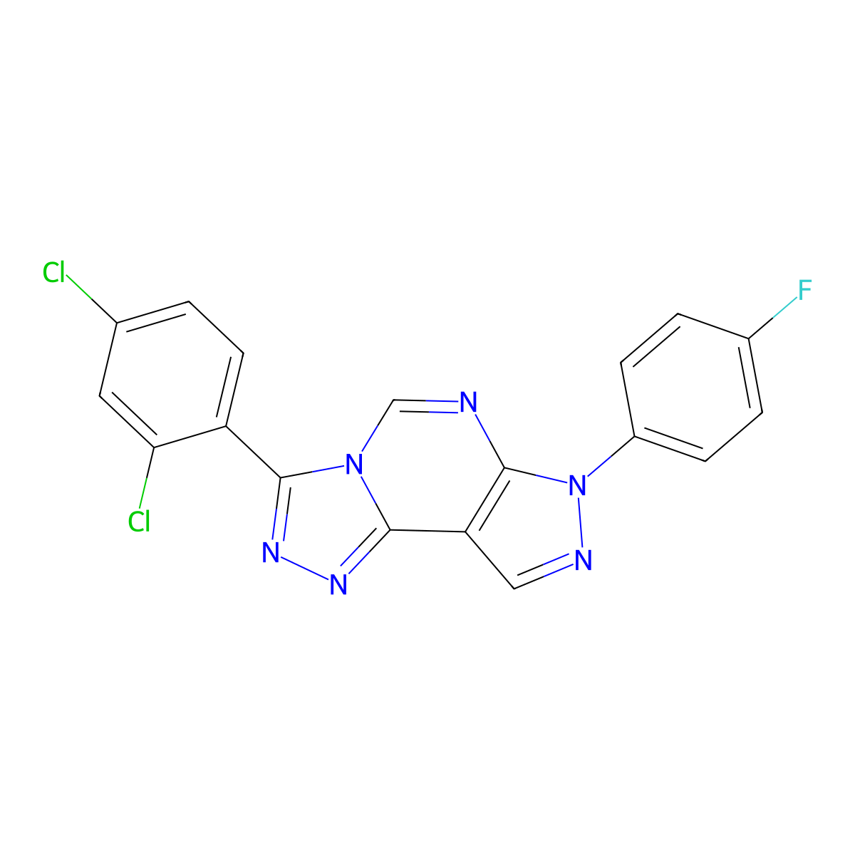 5-(2,4-Dichlorophenyl)-10-(4-fluorophenyl)-3,4,6,8,10,11-hexaazatricyclo[7.3.0.0^{2,6}]dodeca-1(9),2,4,7,11-pentaene molecular structure, CAS 848868-19-9