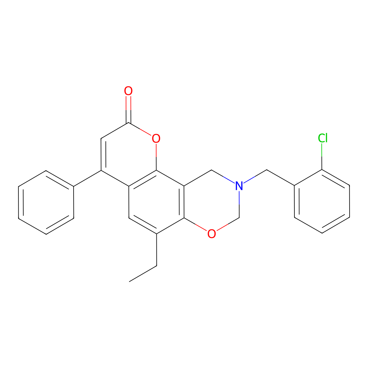 9-(2-chlorobenzyl)-6-ethyl-4-phenyl-9,10-dihydro-2H,8H-chromeno[8,7-e][1,3]oxazin-2-one molecular structure, CAS 848868-36-0