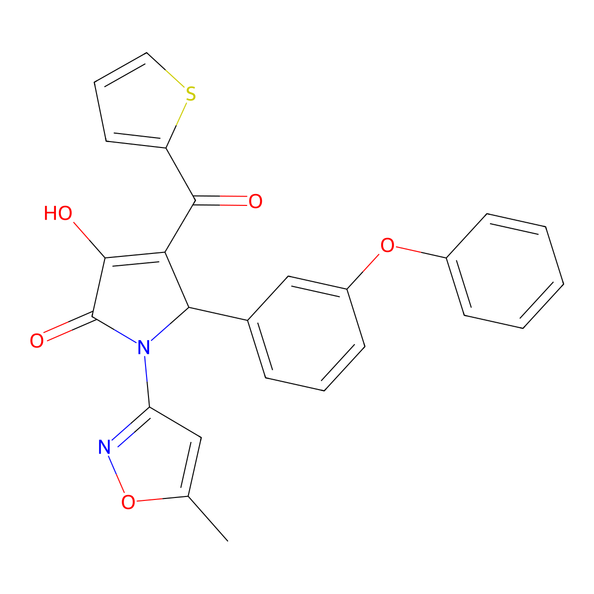 3-hydroxy-1-(5-methyl-1,2-oxazol-3-yl)-5-(3-phenoxyphenyl)-4-(thiophen-2-ylcarbonyl)-1,5-dihydro-2H-pyrrol-2-one molecular structure, CAS 848868-46-2