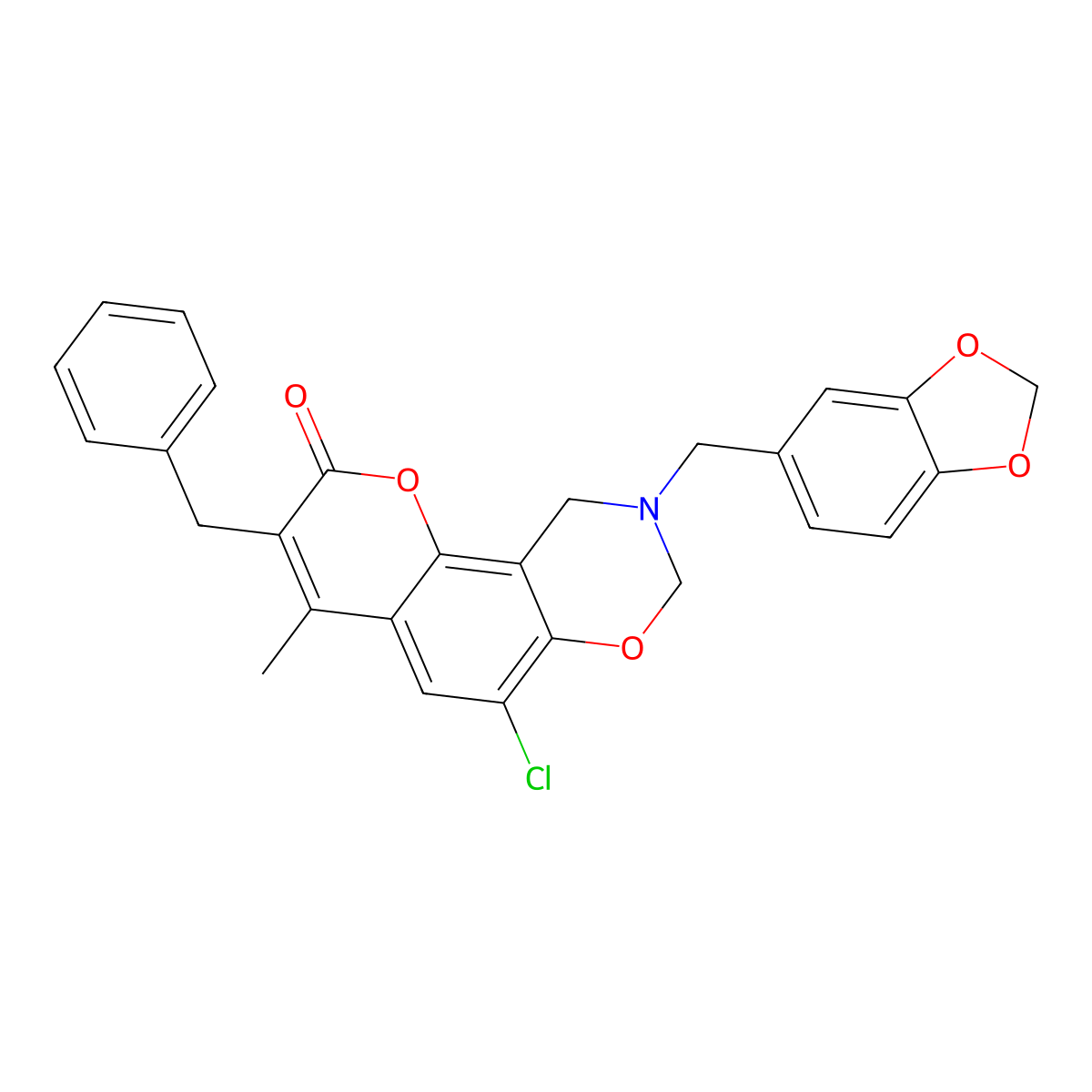 9-(1,3-benzodioxol-5-ylmethyl)-3-benzyl-6-chloro-4-methyl-9,10-dihydro-2H,8H-chromeno[8,7-e][1,3]oxazin-2-one molecular structure, CAS 848869-07-8