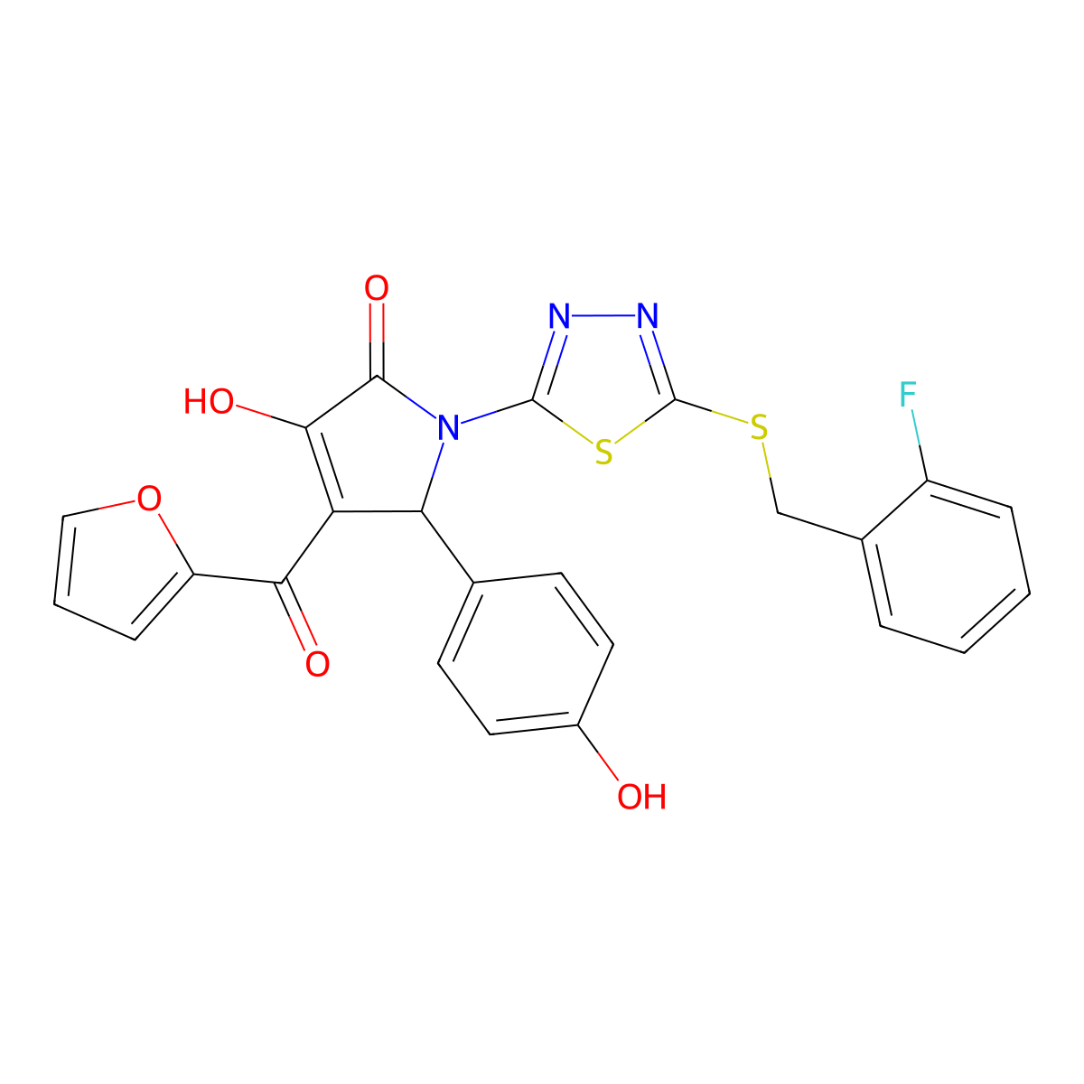 (4E)-1-{5-[(2-fluorobenzyl)sulfanyl]-1,3,4-thiadiazol-2-yl}-4-[furan-2-yl(hydroxy)methylidene]-5-(4-hydroxyphenyl)pyrrolidine-2,3-dione molecular structure, CAS 848869-11-4