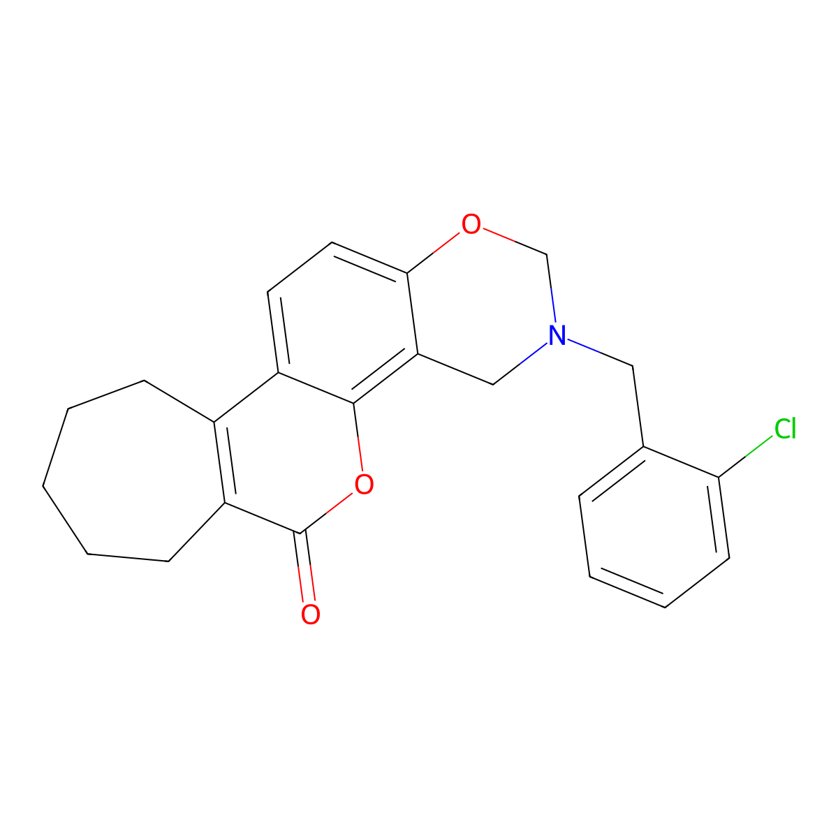 3-(2-chlorobenzyl)-3,4,8,9,10,11-hexahydro-2H-cyclohepta[3,4]chromeno[8,7-e][1,3]oxazin-6(7H)-one molecular structure, CAS 848869-28-3
