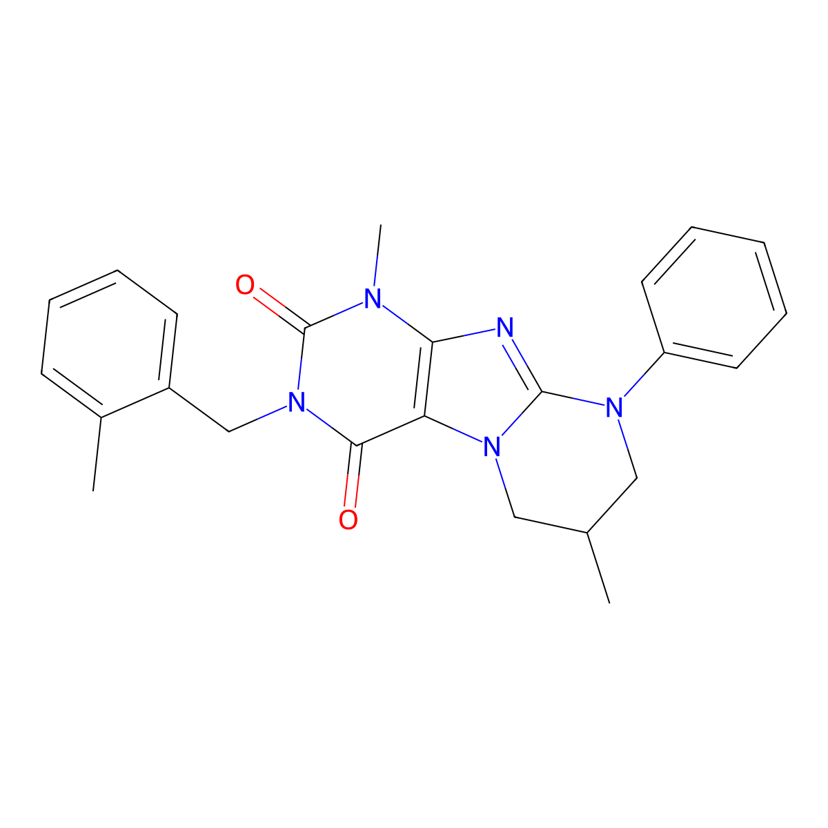 1,7-dimethyl-3-(2-methylbenzyl)-9-phenyl-6,7,8,9-tetrahydropyrimido[2,1-f]purine-2,4(1H,3H)-dione molecular structure, CAS 848869-30-7