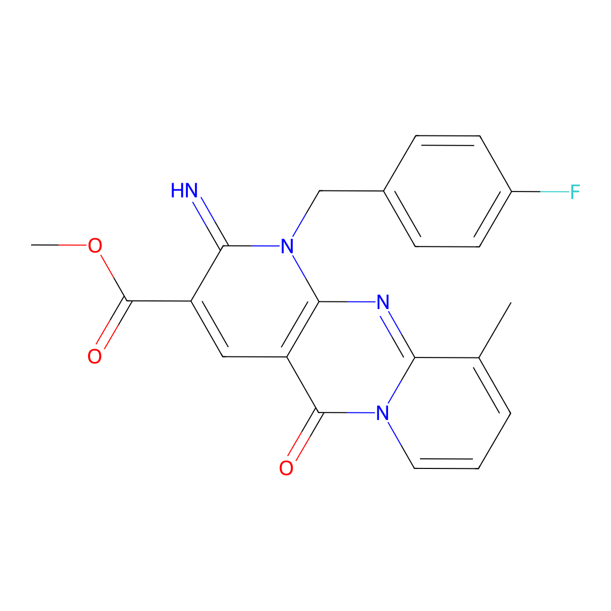 methyl 1-(4-fluorobenzyl)-2-imino-10-methyl-5-oxo-1,5-dihydro-2H-dipyrido[1,2-a:2',3'-d]pyrimidine-3-carboxylate molecular structure, CAS 848870-09-7