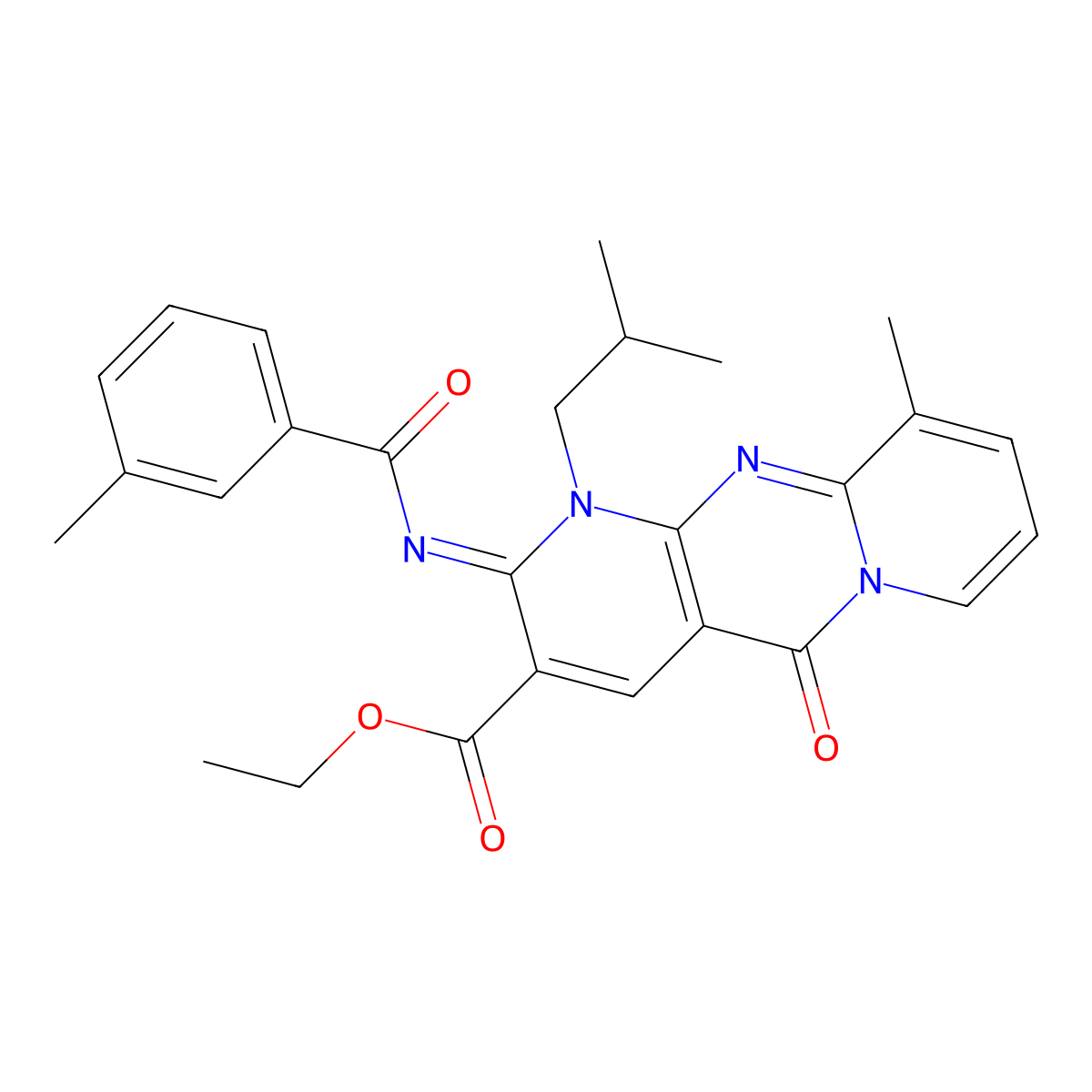 ethyl 1-isobutyl-10-methyl-2-[(3-methylbenzoyl)imino]-5-oxo-1,5-dihydro-2H-dipyrido[1,2-a:2,3-d]pyrimidine-3-carboxylate molecular structure, CAS 848870-13-3