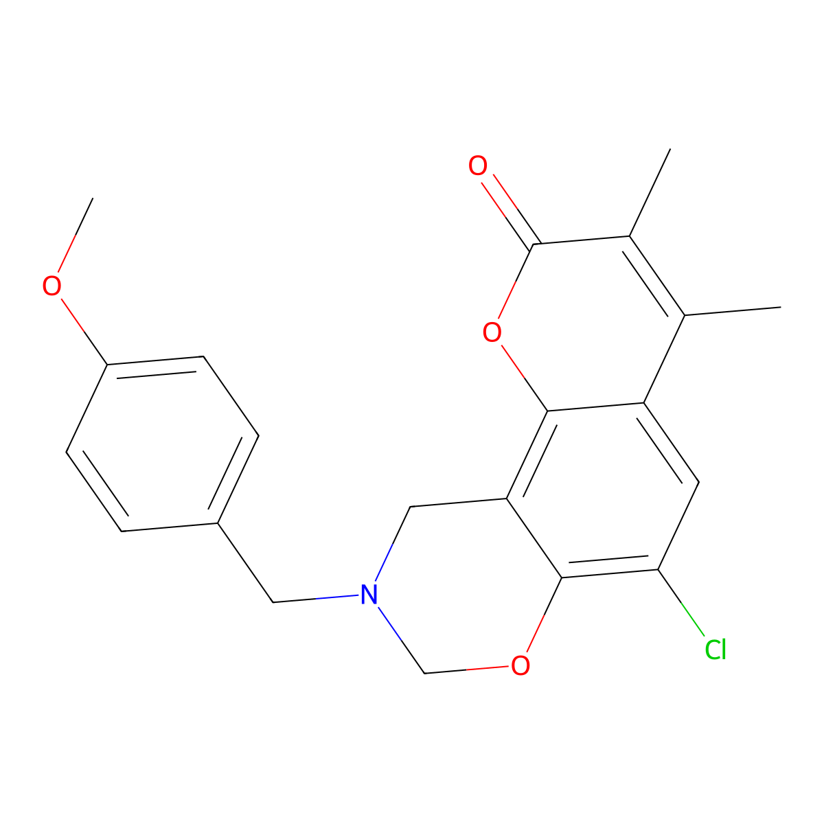 6-chloro-9-(4-methoxybenzyl)-3,4-dimethyl-9,10-dihydro-2H,8H-chromeno[8,7-e][1,3]oxazin-2-one molecular structure, CAS 848870-15-5