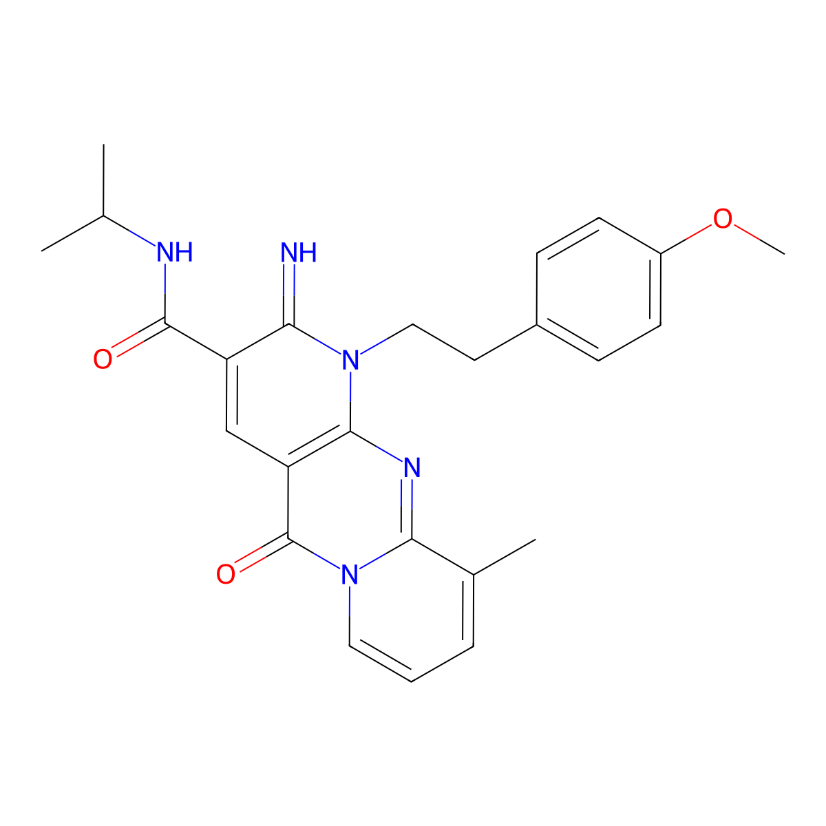 2-imino-N-isopropyl-1-[2-(4-methoxyphenyl)ethyl]-10-methyl-5-oxo-1,5-dihydro-2H-dipyrido[1,2-a:2,3-d]pyrimidine-3-carboxamide molecular structure, CAS 848870-31-5