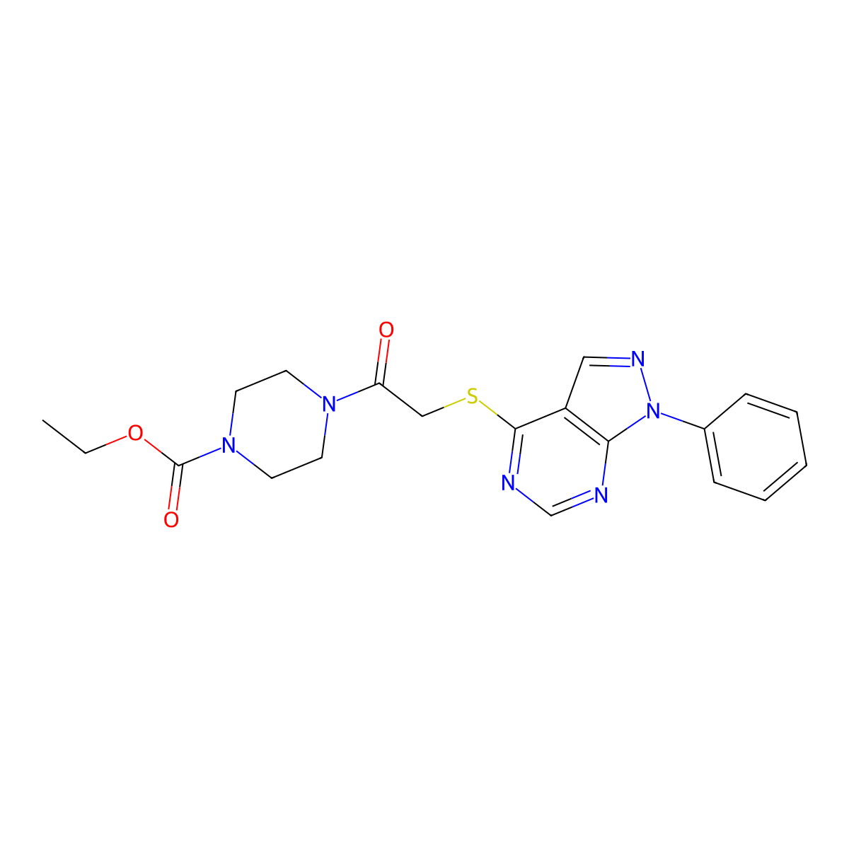 ethyl 4-[2-({1-phenyl-1H-pyrazolo[3,4-d]pyrimidin-4-yl}sulfanyl)acetyl]piperazine-1-carboxylate molecular structure, CAS 848896-91-3