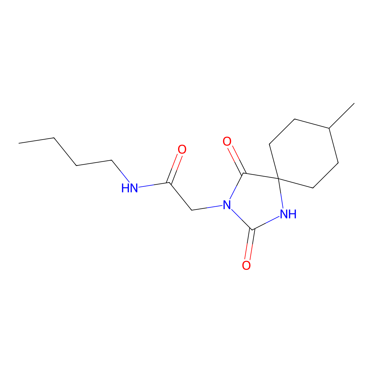 N-butyl-2-(8-methyl-2,4-dioxo-1,3-diazaspiro[4.5]dec-3-yl)acetamide molecular structure, CAS 848904-95-0