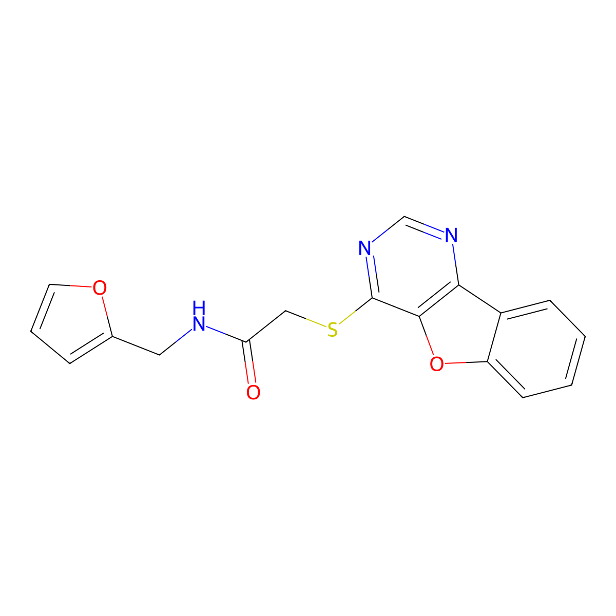 2-(benzofuro[3,2-d]pyrimidin-4-ylthio)-N-(furan-2-ylmethyl)acetamide molecular structure, CAS 848916-59-6
