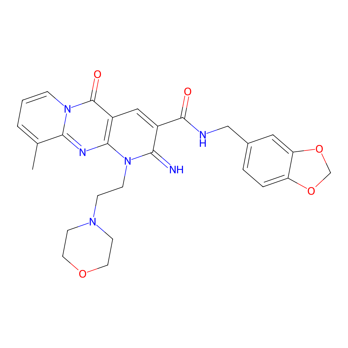 N-(1,3-benzodioxol-5-ylmethyl)-2-imino-10-methyl-1-[2-(morpholin-4-yl)ethyl]-5-oxo-1,5-dihydro-2H-dipyrido[1,2-a:2',3'-d]pyrimidine-3-carboxamide molecular structure, CAS 848917-61-3