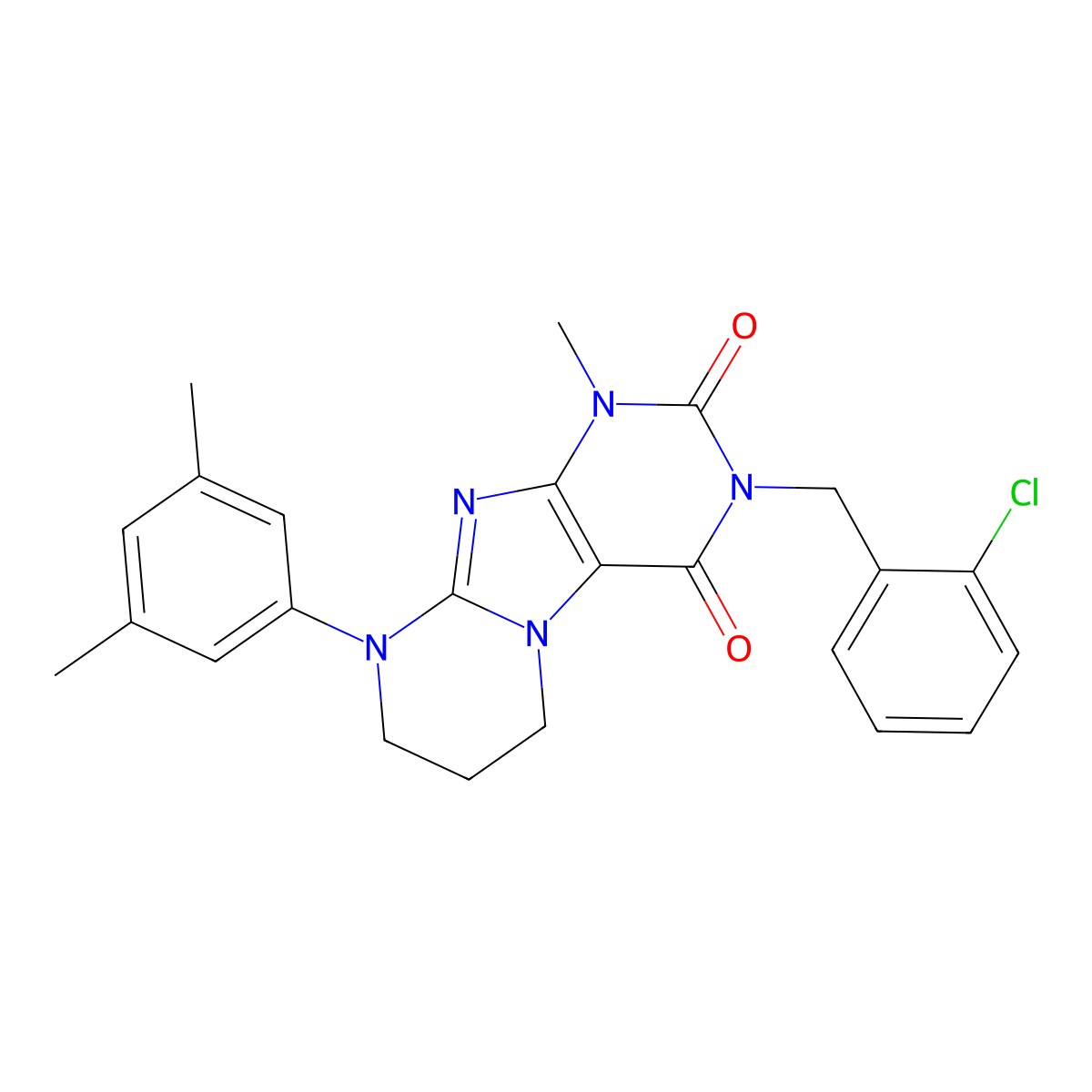 3-(2-chlorobenzyl)-9-(3,5-dimethylphenyl)-1-methyl-6,7,8,9-tetrahydropyrimido[2,1-f]purine-2,4(1H,3H)-dione molecular structure, CAS 848918-23-0
