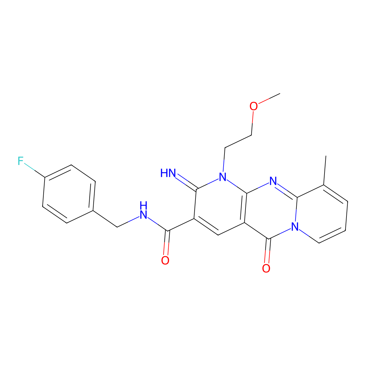 N-[(4-fluorophenyl)methyl]-6-imino-7-(2-methoxyethyl)-11-methyl-2-oxo-1,7,9-triazatricyclo[8.4.0.0^{3,8}]tetradeca-3(8),4,9,11,13-pentaene-5-carboxamide molecular structure, CAS 848918-26-3