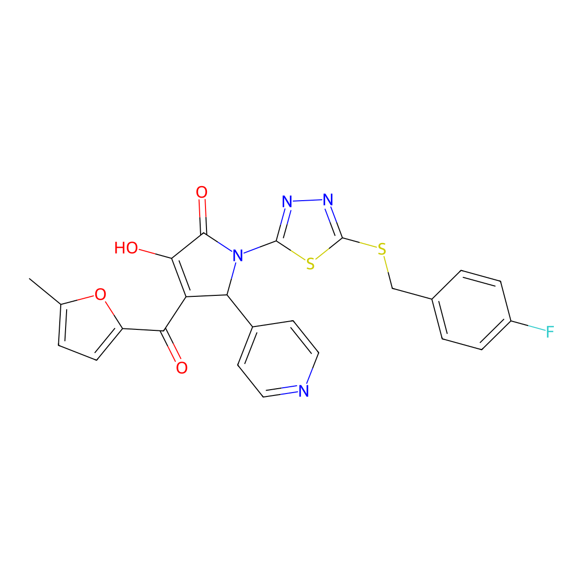 (4E)-1-{5-[(4-fluorobenzyl)sulfanyl]-1,3,4-thiadiazol-2-yl}-4-[hydroxy(5-methylfuran-2-yl)methylidene]-5-(pyridin-4-yl)pyrrolidine-2,3-dione molecular structure, CAS 848918-81-0