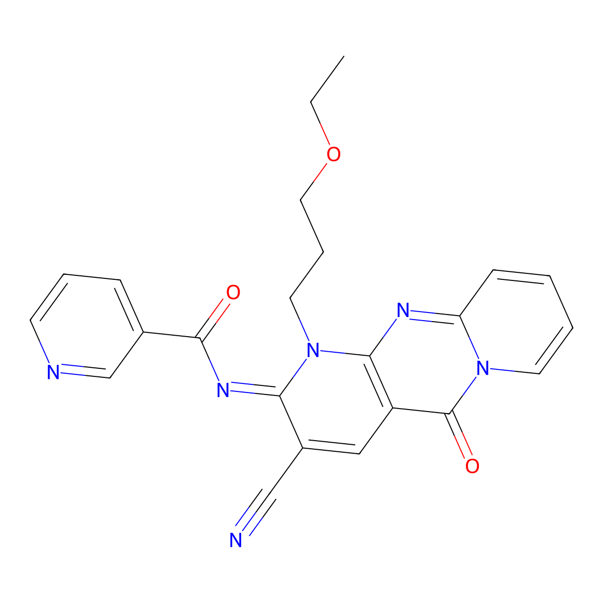 (E)-N-(3-cyano-1-(3-ethoxypropyl)-5-oxo-1H-dipyrido[1,2-a:2',3'-d]pyrimidin-2(5H)-ylidene)nicotinamide molecular structure, CAS 848918-96-7