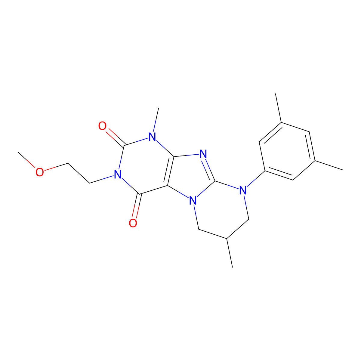 9-(3,5-dimethylphenyl)-3-(2-methoxyethyl)-1,7-dimethyl-6,7,8,9-tetrahydropyrimido[2,1-f]purine-2,4(1H,3H)-dione molecular structure, CAS 848919-35-7