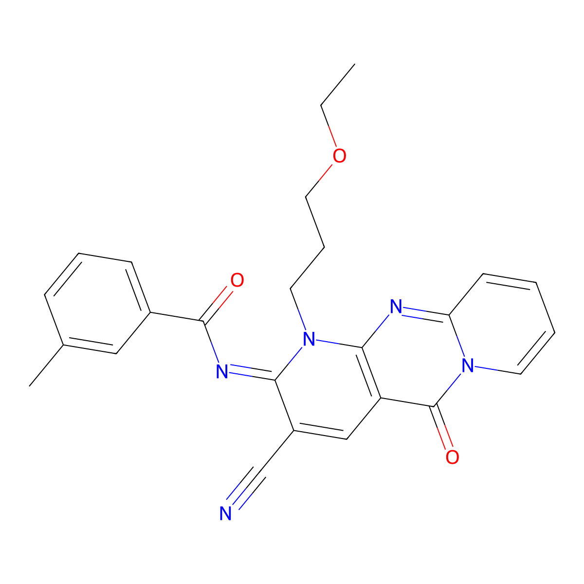 N-[3-cyano-1-(3-ethoxypropyl)-5-oxo-1,5-dihydro-2H-dipyrido[1,2-a:2,3-d]pyrimidin-2-ylidene]-3-methylbenzamide molecular structure, CAS 848919-76-6