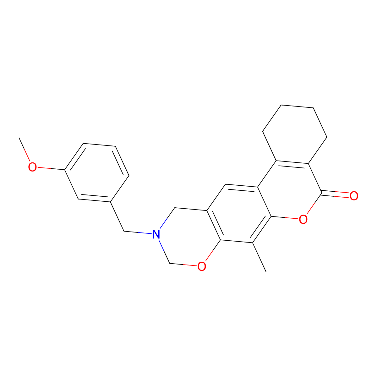 10-(3-methoxybenzyl)-7-methyl-1,2,3,4,10,11-hexahydro-5H,9H-benzo[3,4]chromeno[6,7-e][1,3]oxazin-5-one molecular structure, CAS 848923-40-0