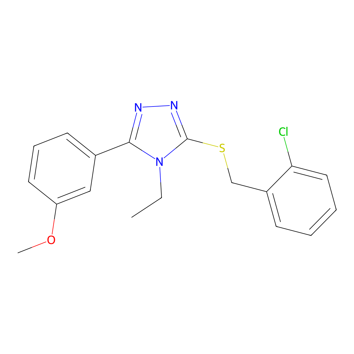 3-[(2-Chlorophenyl)methylsulfanyl]-4-ethyl-5-(3-methoxyphenyl)-1,2,4-triazole molecular structure, CAS 848923-44-4