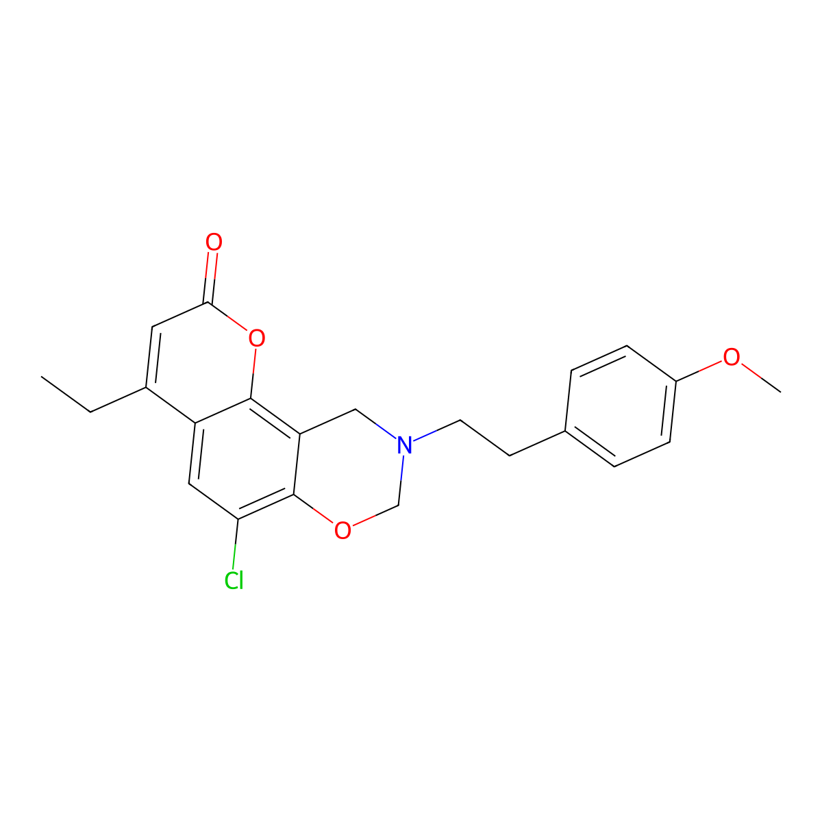 6-chloro-4-ethyl-9-[2-(4-methoxyphenyl)ethyl]-9,10-dihydro-2H,8H-chromeno[8,7-e][1,3]oxazin-2-one molecular structure, CAS 848929-23-7