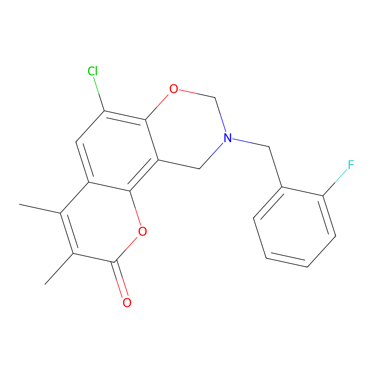 6-chloro-9-(2-fluorobenzyl)-3,4-dimethyl-9,10-dihydro-2H,8H-chromeno[8,7-e][1,3]oxazin-2-one molecular structure, CAS 848930-16-5
