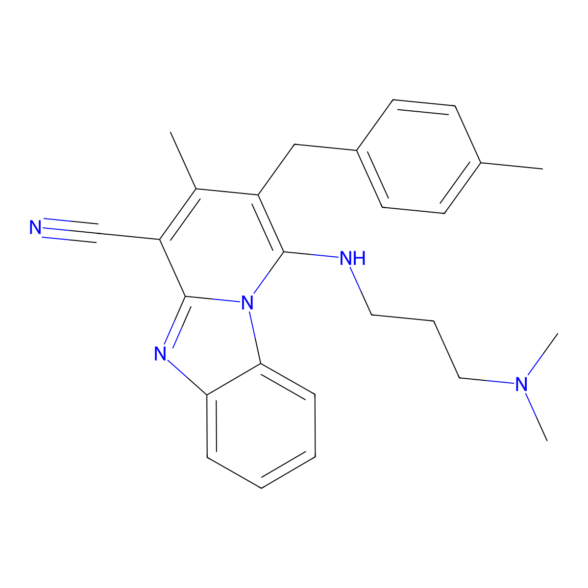 13-{[3-(Dimethylamino)propyl]amino}-11-methyl-12-[(4-methylphenyl)methyl]-1,8-diazatricyclo[7.4.0.0^{2,7}]trideca-2(7),3,5,8,10,12-hexaene-10-carbonitrile molecular structure, CAS 848930-68-7