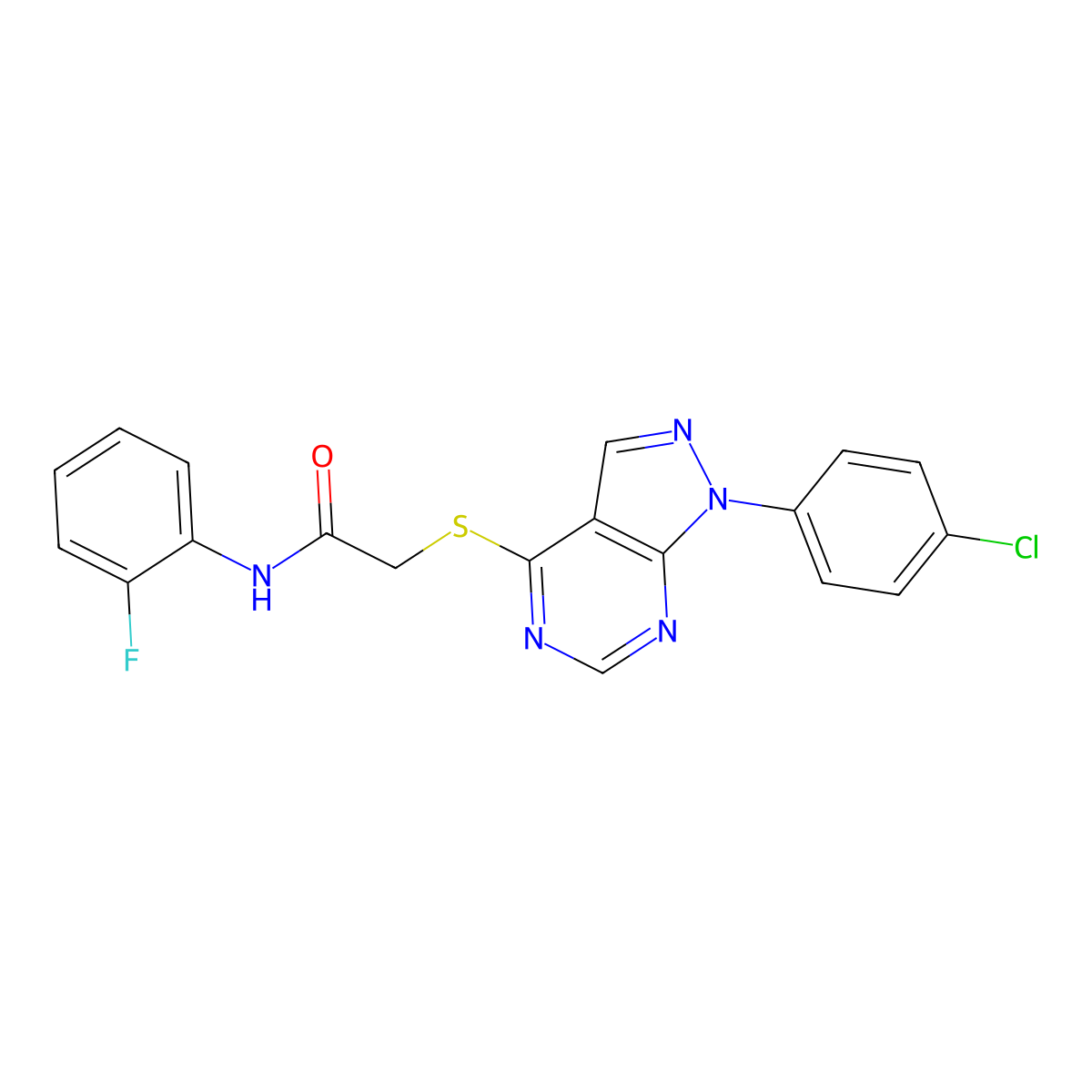 2-((1-(4-chlorophenyl)-1H-pyrazolo[3,4-d]pyrimidin-4-yl)thio)-N-(2-fluorophenyl)acetamide molecular structure, CAS 848931-79-3