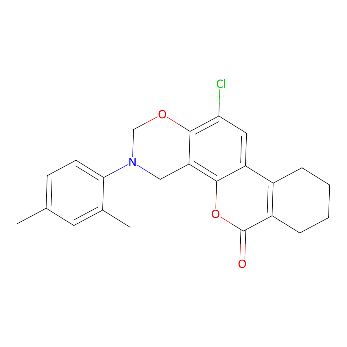 12-chloro-3-(2,4-dimethylphenyl)-3,4,7,8,9,10-hexahydro-2H,6H-benzo[3,4]chromeno[8,7-e][1,3]oxazin-6-one molecular structure, CAS 848932-82-1