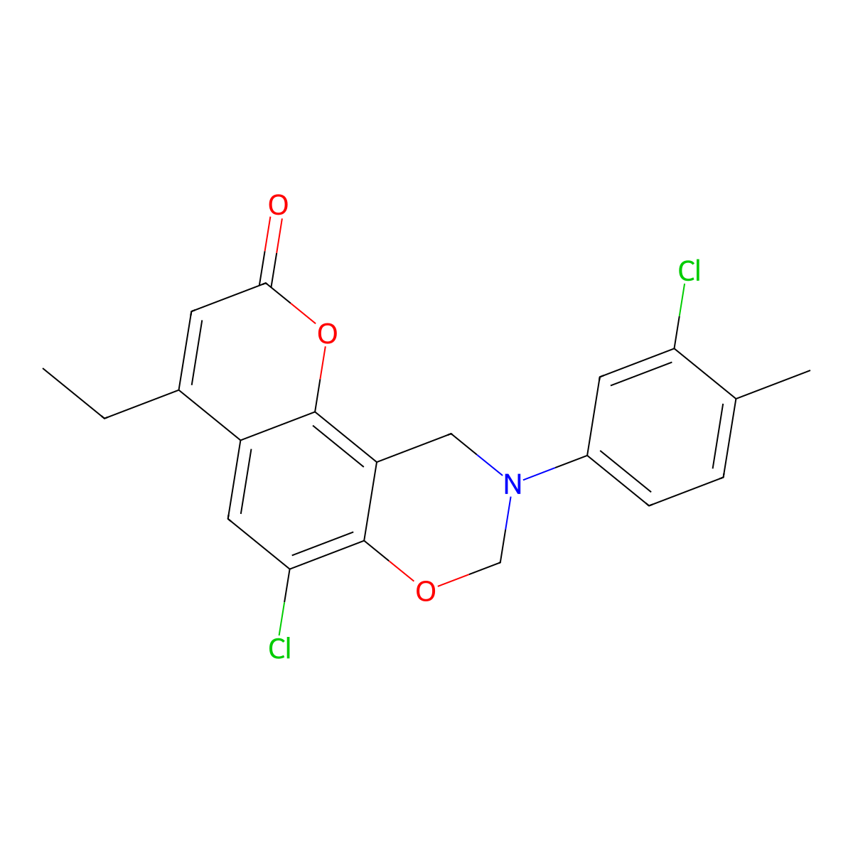 6-chloro-9-(3-chloro-4-methylphenyl)-4-ethyl-9,10-dihydro-2H,8H-chromeno[8,7-e][1,3]oxazin-2-one molecular structure, CAS 848987-05-3