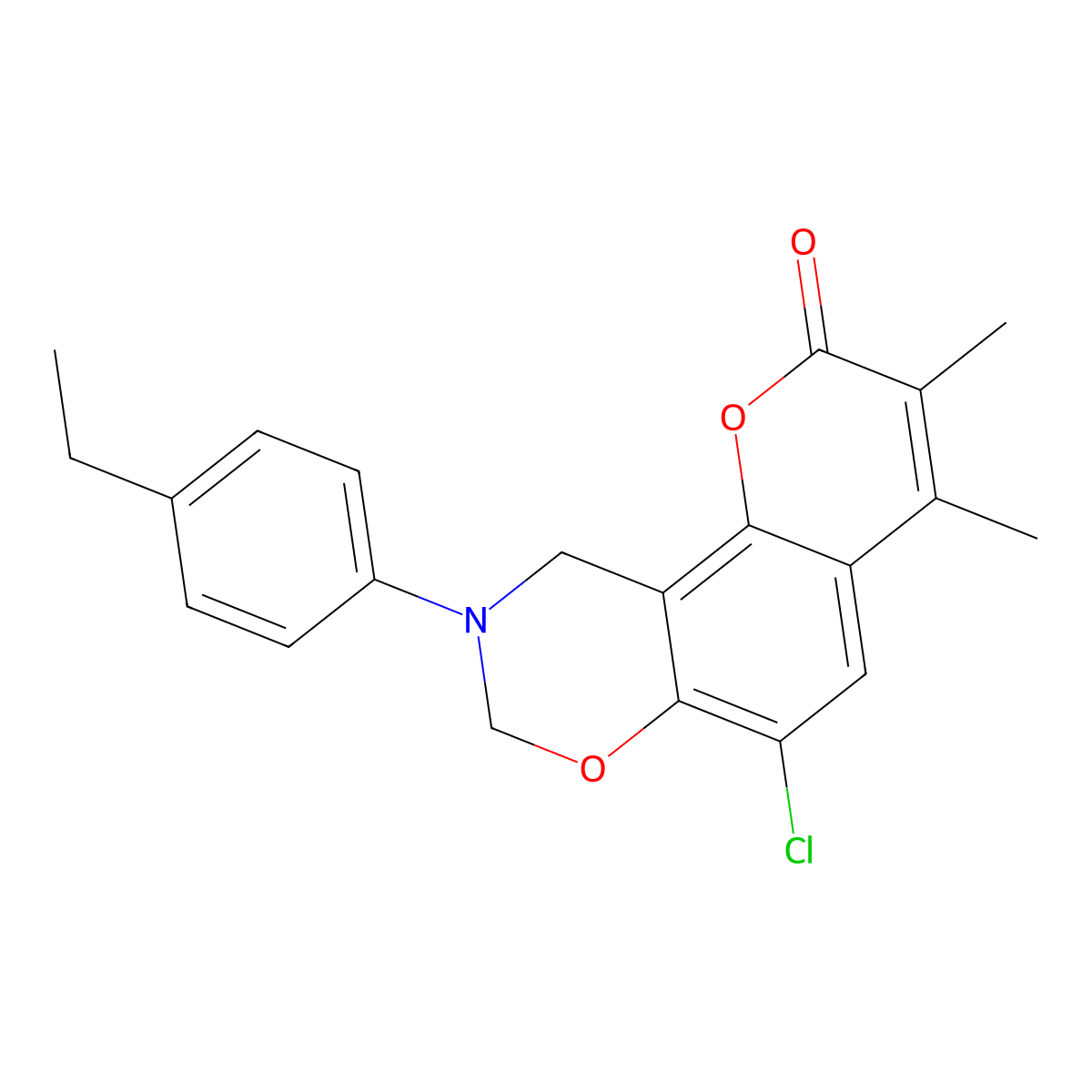 6-chloro-9-(4-ethylphenyl)-3,4-dimethyl-9,10-dihydro-2H,8H-chromeno[8,7-e][1,3]oxazin-2-one molecular structure, CAS 848988-01-2