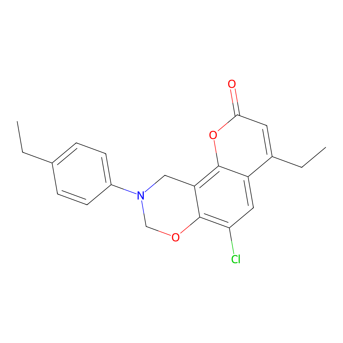 6-chloro-4-ethyl-9-(4-ethylphenyl)-9,10-dihydro-2H,8H-chromeno[8,7-e][1,3]oxazin-2-one molecular structure, CAS 848990-47-6