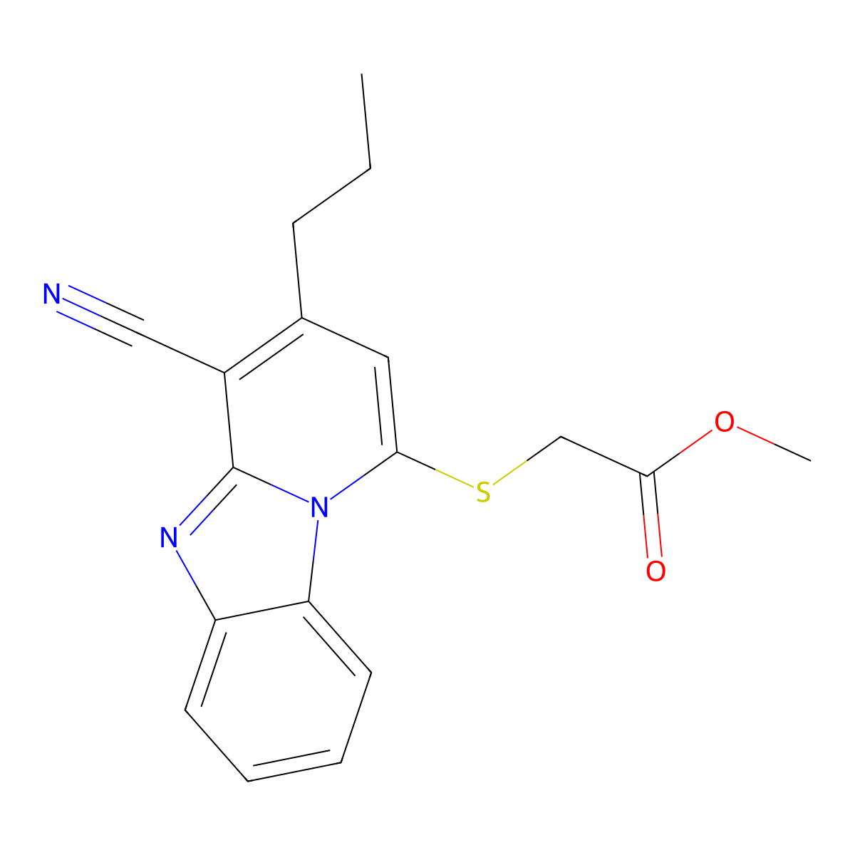 Methyl 2-(4-cyano-3-propylpyrido[1,2-a]benzimidazol-1-yl)sulfanylacetate molecular structure, CAS 848990-58-9