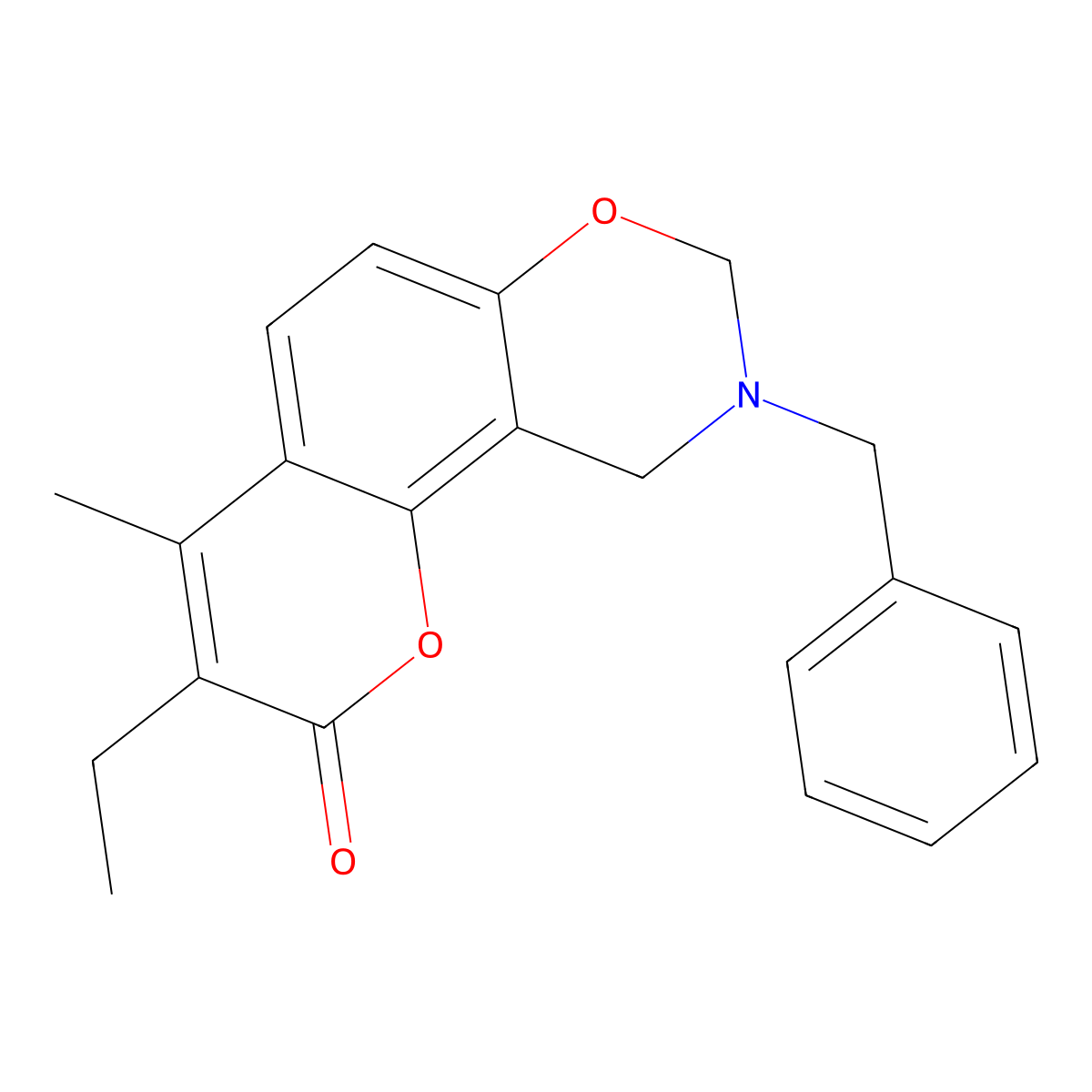 9-benzyl-3-ethyl-4-methyl-9,10-dihydro-2H,8H-chromeno[8,7-e][1,3]oxazin-2-one molecular structure, CAS 848995-43-7