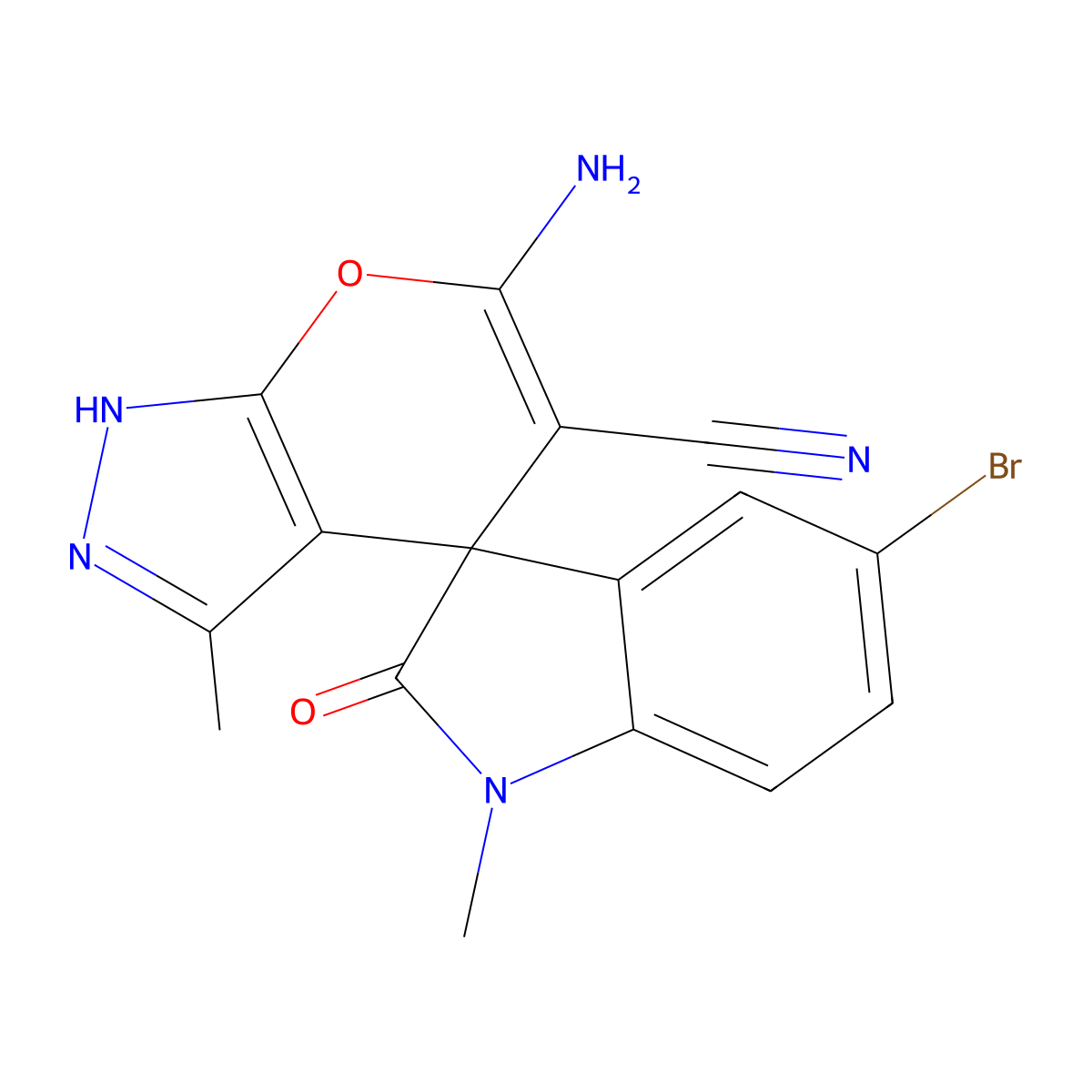 6-amino-5'-bromo-1',3-dimethyl-2'-oxospiro[2H-pyrano[2,3-c]pyrazole-4,3'-indole]-5-carbonitrile molecular structure, CAS 848998-56-1
