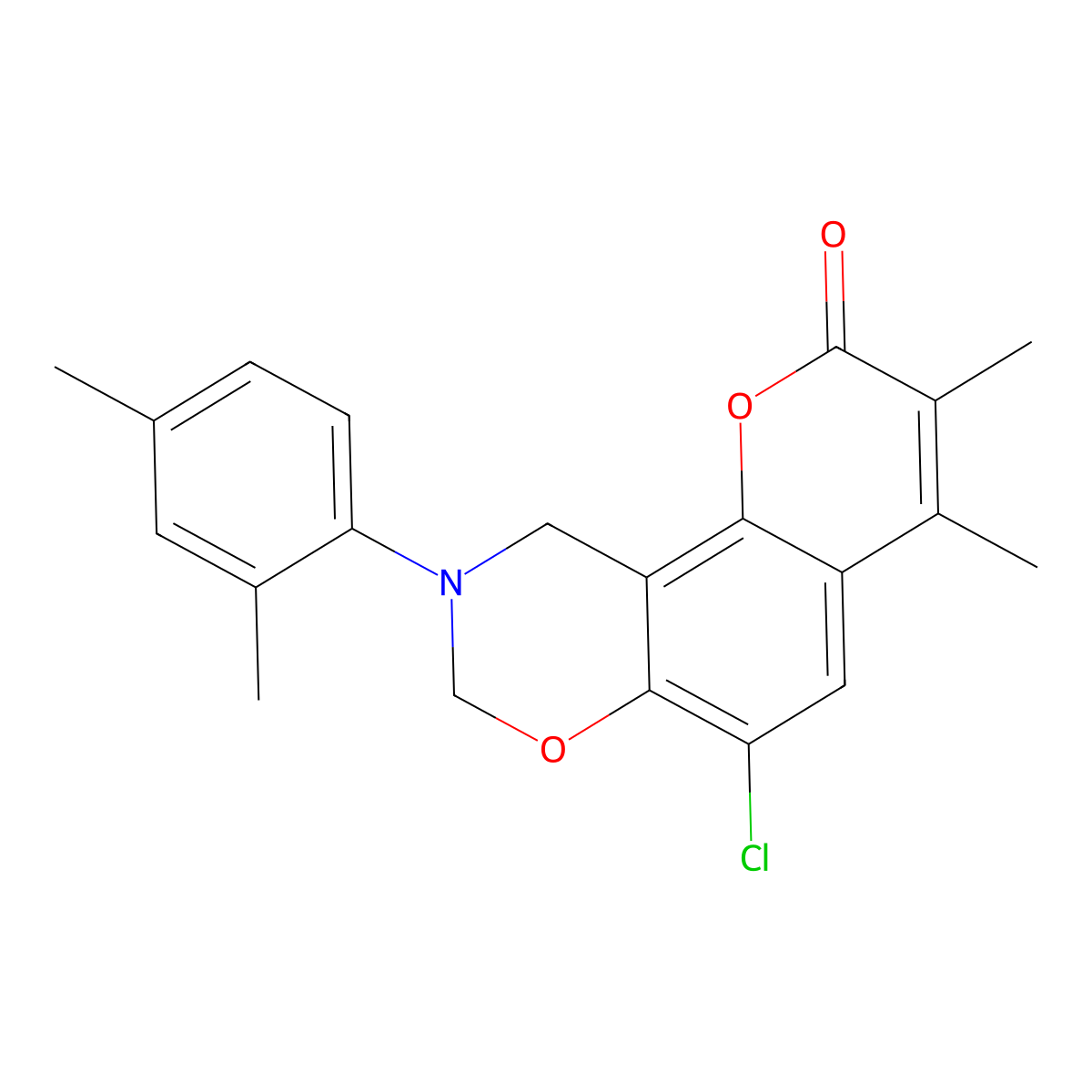 6-chloro-9-(2,4-dimethylphenyl)-3,4-dimethyl-9,10-dihydro-2H,8H-chromeno[8,7-e][1,3]oxazin-2-one molecular structure, CAS 849001-02-1