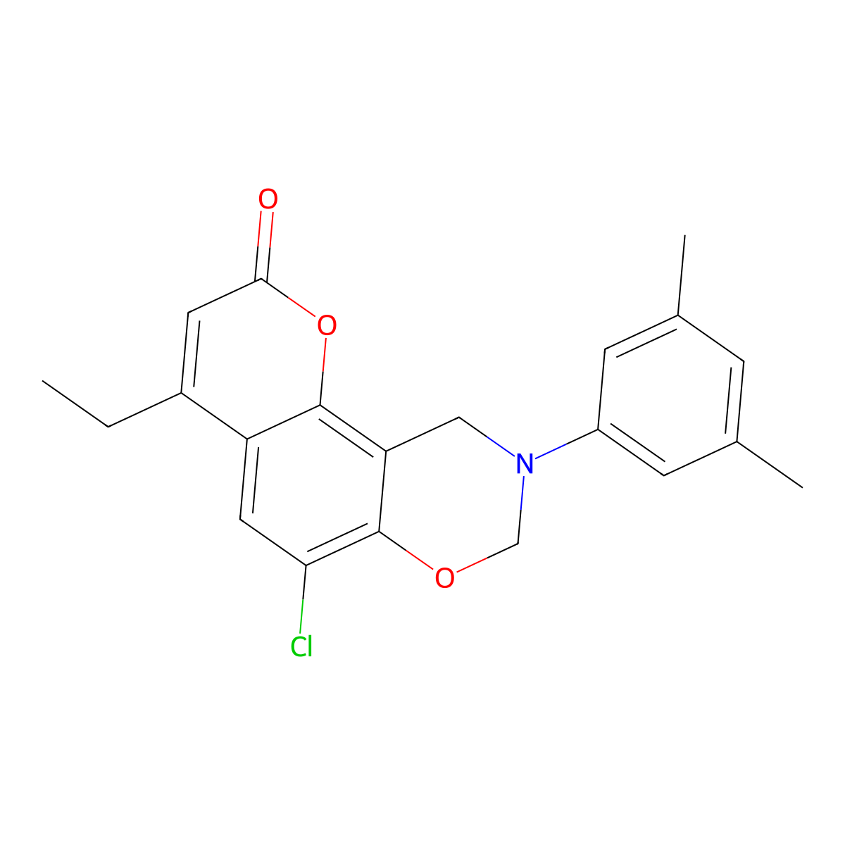 6-chloro-9-(3,5-dimethylphenyl)-4-ethyl-9,10-dihydro-2H,8H-chromeno[8,7-e][1,3]oxazin-2-one molecular structure, CAS 849002-07-9